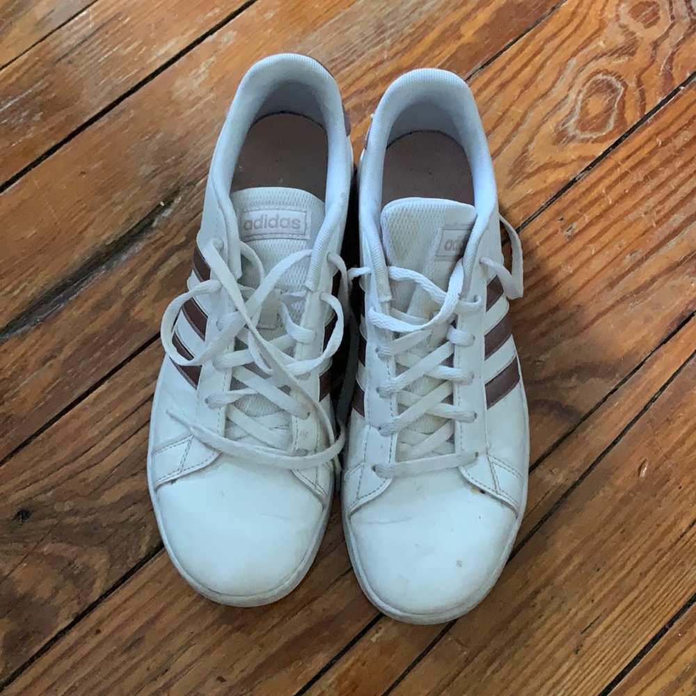 Rose gold metallic striped Adidas Sneakers